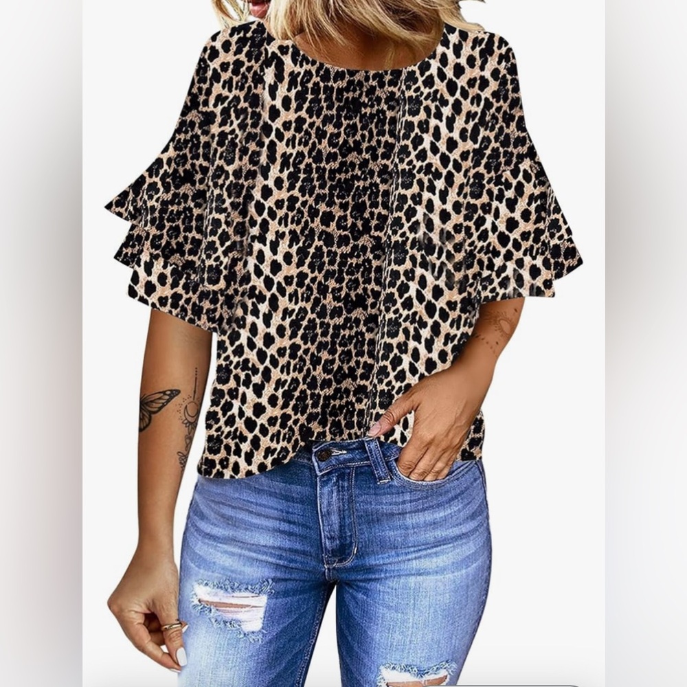 luvamia Women's Casual 3/4 Tiered Bell Sleeve Crewneck Leopard Blouse Shirt